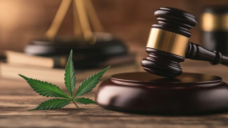 Wooden gavel next to a cannabis leaf on a judge desk, emphasizing the legal implications of cannabis use and policy